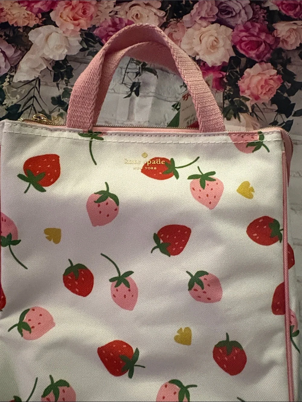 kate spade White Strawberry Print Lunch Tote with Pink Handles